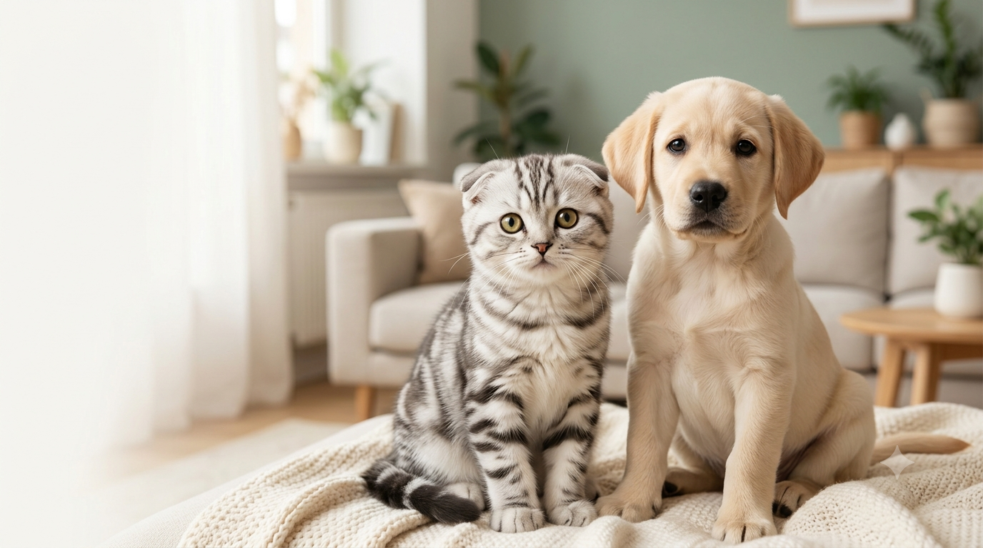 CutePetWorld kitten and cream Labrador puppy portrait